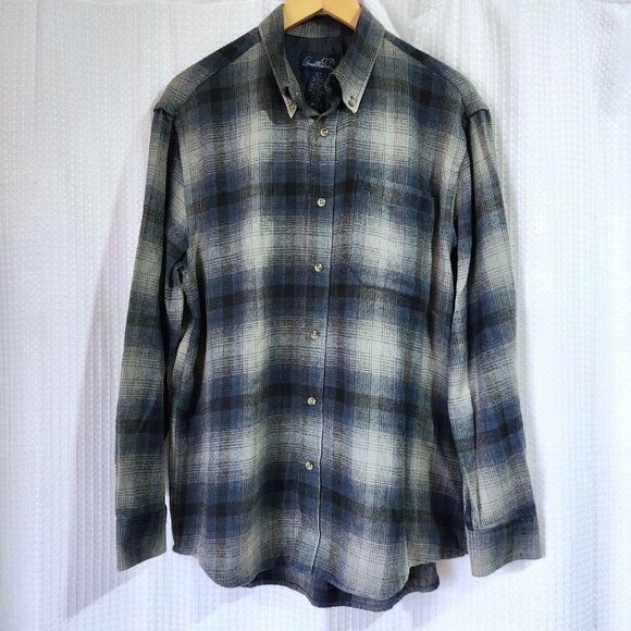 Arnold Palmer Shirt Mens Med Grey & Blue Plaid Long Sleeve Soft Flannel Vintage - Picture 1 of 7